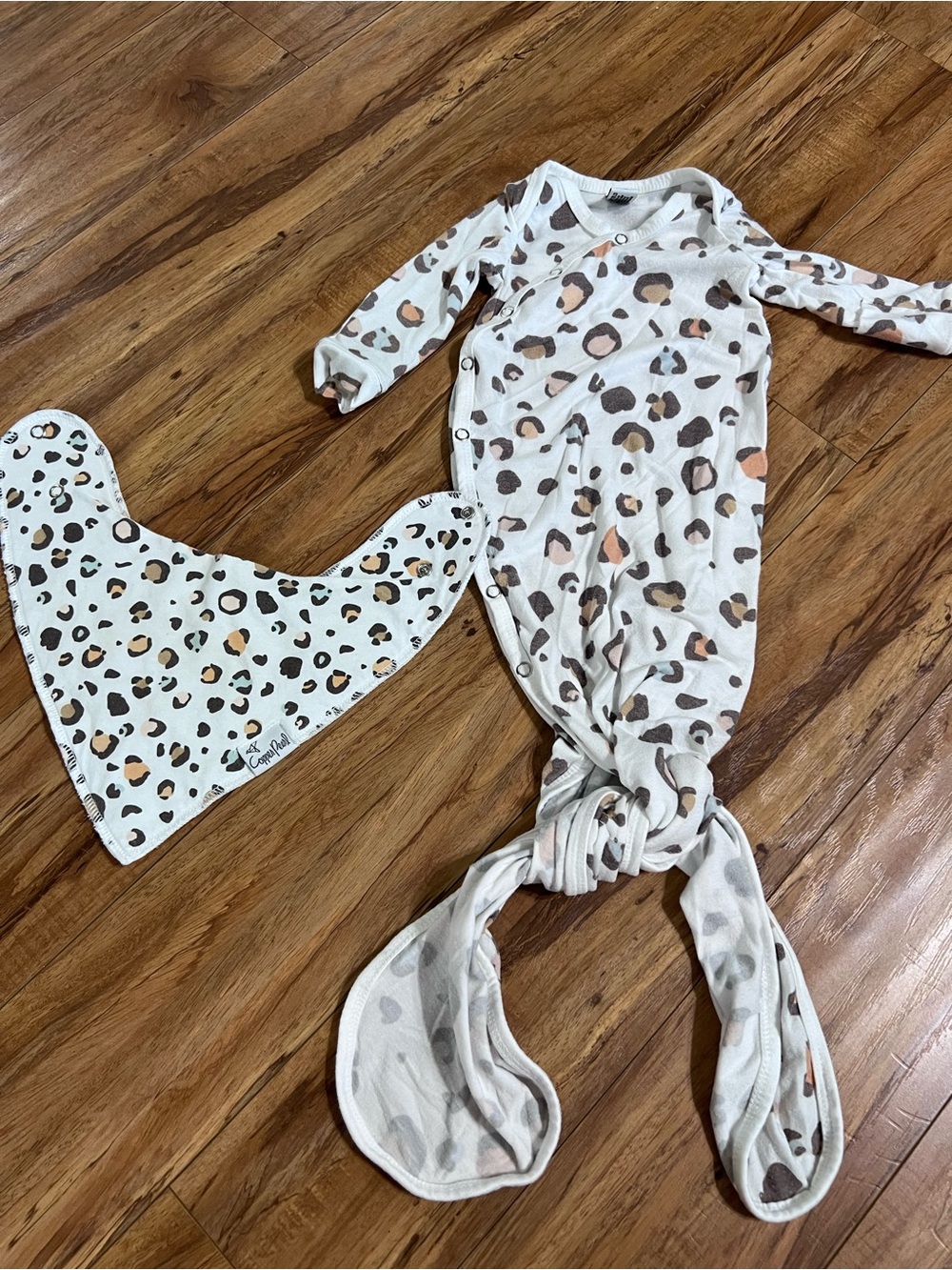 Copper Pearl Neutral Leopard Print Knotted Baby Gown with Matching Bib